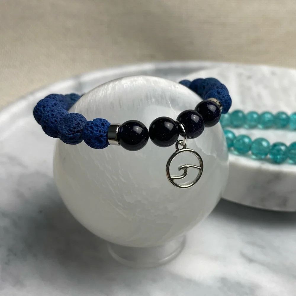 Gemstone Bracelet: Lava Stone + Blue Goldstone + Crackled Glass + Wave Charm - Picture 5 of 9